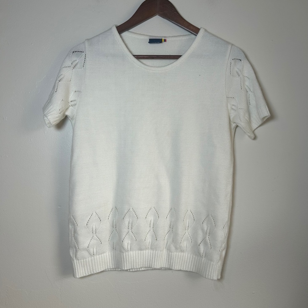 Casadiego‎ Knit Sweater Top Women Small White Short Sleeve Pointelle Eyelet